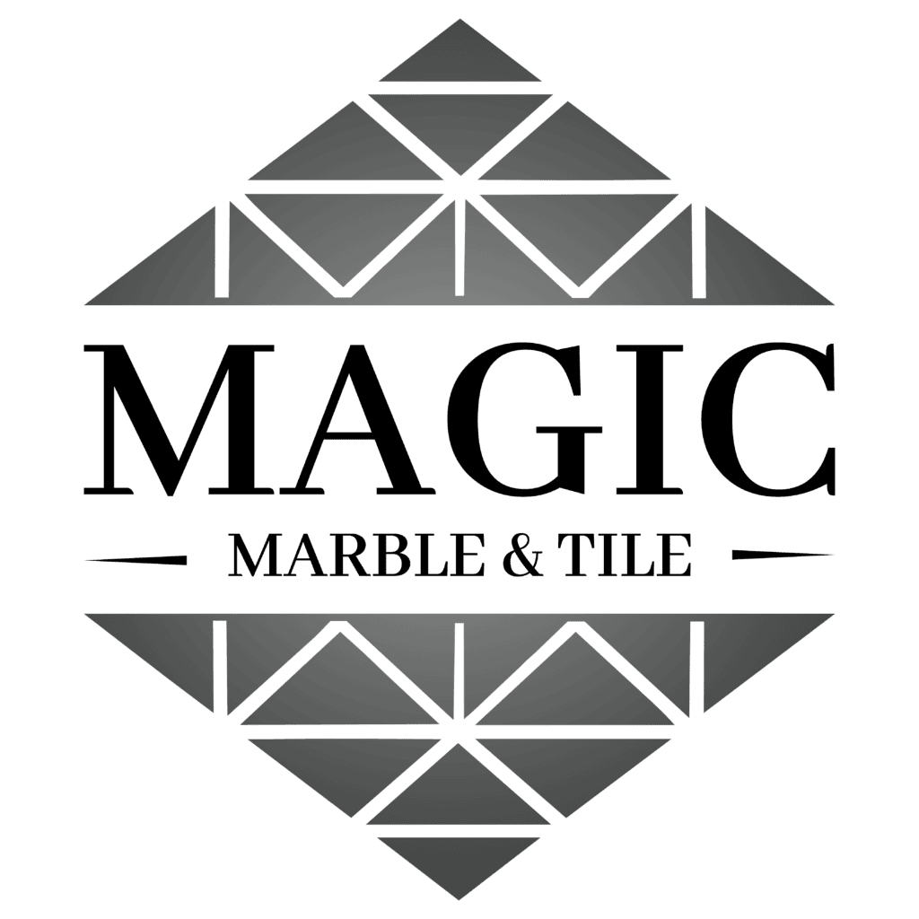 Magic Marble and Tile logo with geometric design in grayscale.