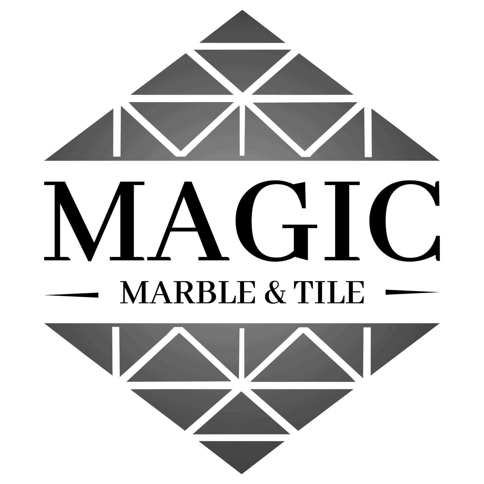 Magic Marble and Tile logo with geometric design in grayscale.